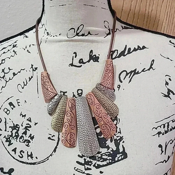 #25 set of 3 fashion necklaces mixed metals layered circle geometric eclectic - Picture 4 of 4